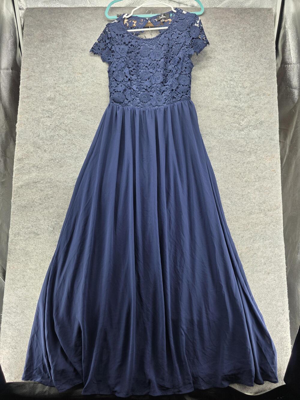 Lulus Dress Womens L Blue Long Maxi A-Line Cap Sleeve Round Neck Embroidered